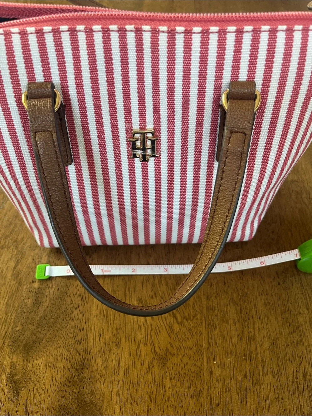 Tommy Hilfiger Red & White Striped Satchel with Brown Trim
